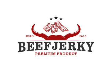 Beef jerky food meat logo design restaurant slice icon symbol cow head horns - obrazy, fototapety, plakaty