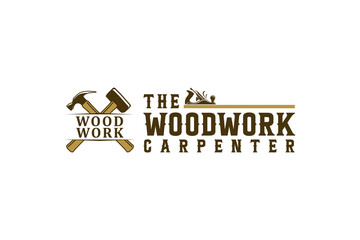 Woodwork logo planer stanley hammer icon symbol carpentry design handyman lumberjack work - obrazy, fototapety, plakaty