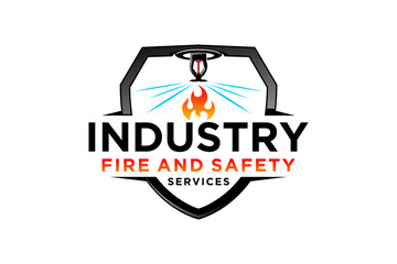 Ceiling water sprinkler logo design fire extinguisher emblem shield shape industry icon symbol - obrazy, fototapety, plakaty