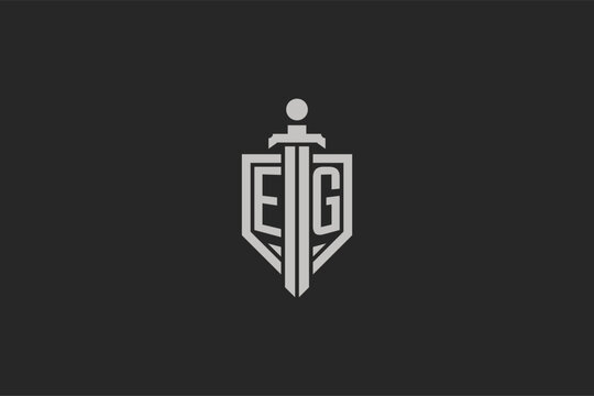 Letter EG logo with shield and sword icon design in geometric style
