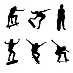 Skate figure isolated on light background - Men and women doing skate - skateboarding - black silhouette