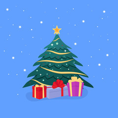 Christmas tree with gifts. Vector illustration.