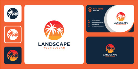 landscape logo design with sunset and business card