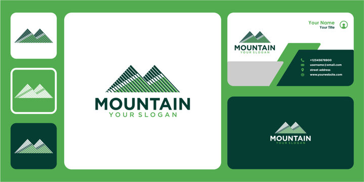 mountain logo design with line art and business card