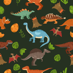 Seamless pattern with dinosaurs volcanoes and tropical plants Wild animal illustration for kids. Vector illustration design for fashion fabrics, textile graphics, prints.