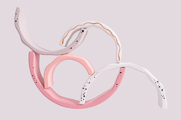 Wooden balancing arcs. Coordination, harmony, instability concept. Gentle pastel abstract geometric...