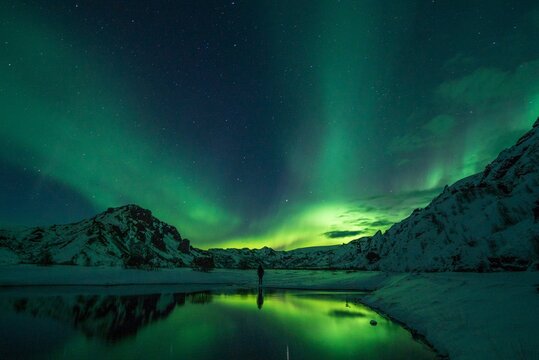 Snow Mountain With Aurora Borealis