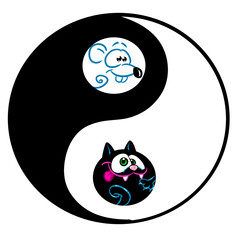 Animal yin and yang black white cat mouse character cartoon illustration