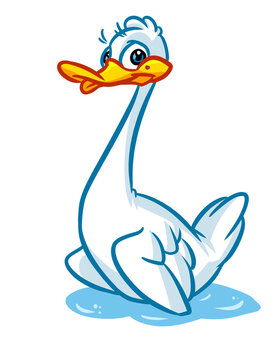 Animal white goose smile bird swims body of water character cartoon illustration