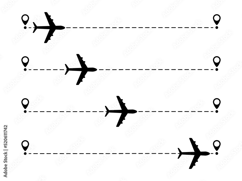 Wall mural airplane line path set. air plane flight route with start and finish point and dotted line trace col