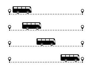 Bus with line start and finish point set. Bus driving on dotted route with map pin collection. Vector isolated on white.