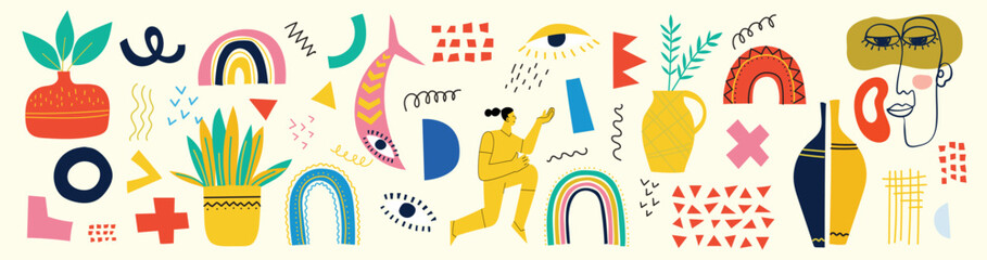 Big Set of Different colored Vector illustartions for posters in Cartoon Flat design. Hand drawn Abstract shapes, faces, different texture funny Comic characters.