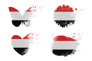 Sublimation backgrounds different forms on white background. Artistic shapes set in colors of national flag. Yemen