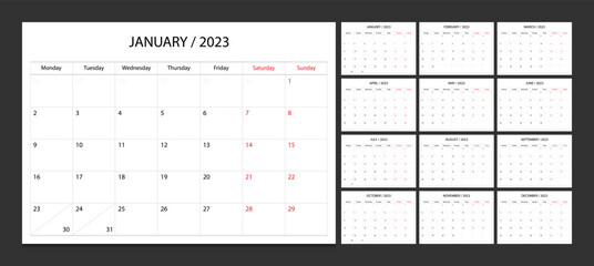 Calendar 2023 week start Monday corporate design planner template.