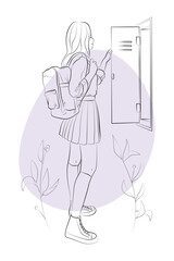 Vector illustration of a teenage girl opening her school locker. Schoolgirl in student uniform: shirt, jacket, tie, pleated skirt, stockings, sneakers. Abstract elements and floral ornaments