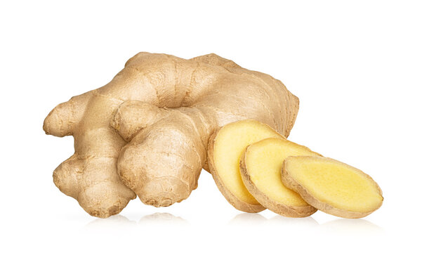 Ginger isolated on white background. One whole and cut slices of ginger root