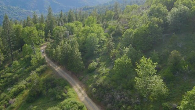 Aerial View Of A White Truck Riding On A Mountain Road Through The Lush Green Forests