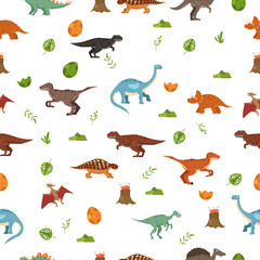 pattern with dinosaurs and tropical leaves, textile, nursery wallpaper. Cute dino design. Vector illustration