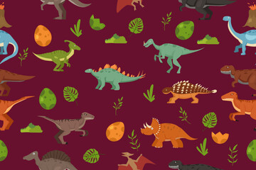 pattern with dinosaurs and tropical leaves, textile, nursery wallpaper. Cute dino design. Vector illustration