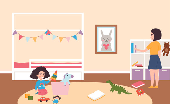 Mother with daughter cleaning kids bedroom, flat vector illustration.