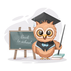 Smart owl with school board, pointer and books