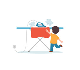 Curious child runs to touch hot iron, flat vector illustration isolated on white background.