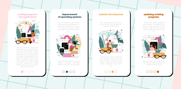 Programming mobile application banner set. Idea of coding, testing