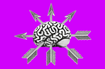 Bow arrows sticking out of a human brain on pink