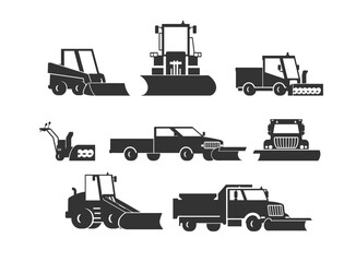 Snow plow trucks and machines monochrome black icons, flat vector illustration isolated on white background.