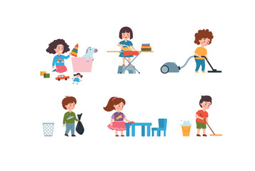 Children do various chores around the house, flat vector illustration isolated.
