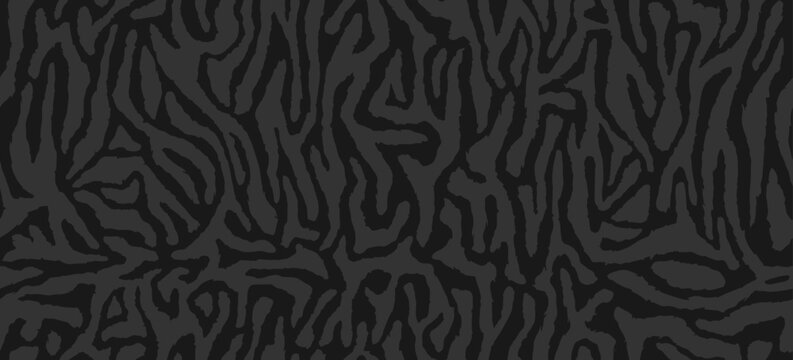 Seamless skin of zebra pattern. Black tiger stripes fur texture. Abstract curved lines ornament. Stylish hand drown wild animal print background for fabric, textile and wallpaper. Vector illustration