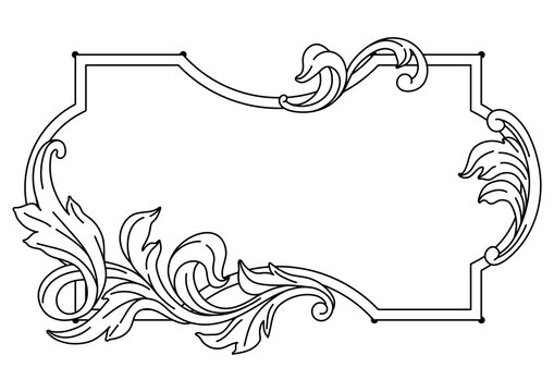 Decorative floral frame in baroque style. Engraved black curling plant.