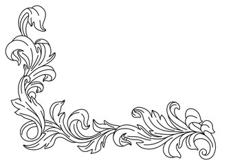 Fototapeta premium Decorative floral corner in baroque style. Engraved black curling plant.