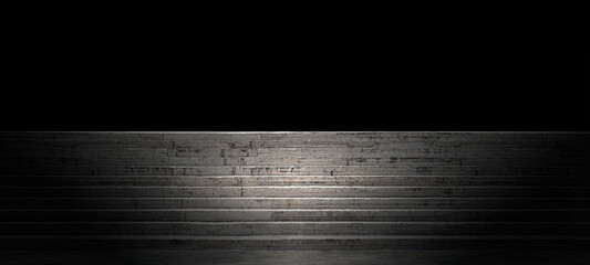 Stairs concrete with an abstract light step in the dark black background.