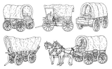 Western carts or wagons in monochrome sketch style, vector illustration isolated on white background. - obrazy, fototapety, plakaty