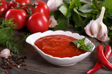 Traditional classic tomato sauce with spices and herbs. Fragrant dressing for various dishes. Taste and simplicity.