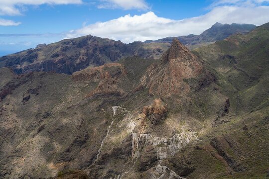 Aerial view of a hiking path through Tamaimo and Montana de Guama, Tenerife, Canary islands