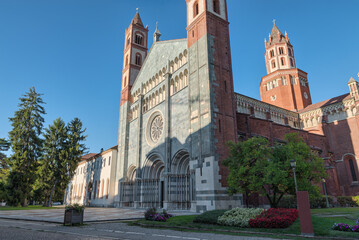 Vercelli city, Italy. Abbey or basilica of Sant'Andrea, XIII century, street Francigena. Stage of the famous Via Francigena; ancient pilgrim route running from England to Rome and Puglia