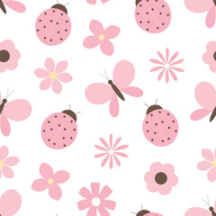 Seamless pattern ladybug butterflies flowers vector illustration