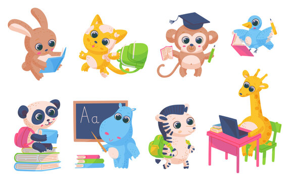 Back to school animals characters set flat cartoon vector illustration isolated.