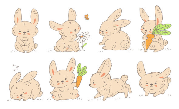 Cute rabbit in different poses, bunny holding carrot and flower - cartoon vector illustration isolated on white.
