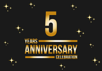 5 years anniversary celebration logo. Gold vector on black background with glitter.