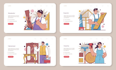 Carpenter web banner or landing page set. Wooden furniture
