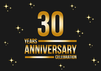 30 years anniversary celebration logo. Gold vector on black background with glitter.