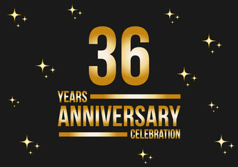 36 years anniversary celebration logo. Gold vector on black background with glitter.