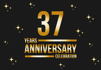 37 years anniversary celebration logo. Gold vector on black background with glitter.