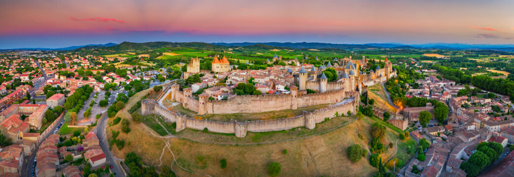 Medieval castle town of Carcassone at sunset, France