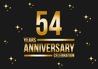 54 years anniversary celebration logo. Gold vector on black background with glitter.