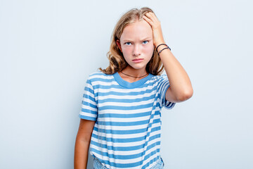 Caucasian teen girl isolated on blue background tired and very sleepy keeping hand on head.