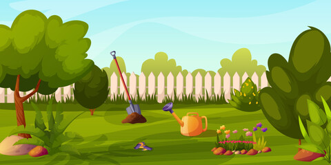 Summer backyard garden with blooming bushes, shovel, watering can, flowers, fence, flower bed, equipment, grass, park plants, green trees. Flowerbed with stones, blossoms. Vector illustration